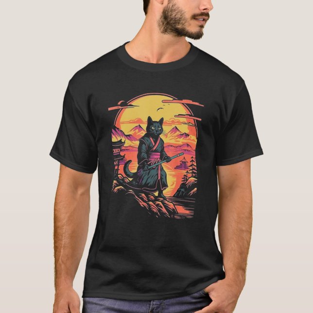 Samurai Cat Bushido Japanese Aesthetic Style T Shirt (Framsida)