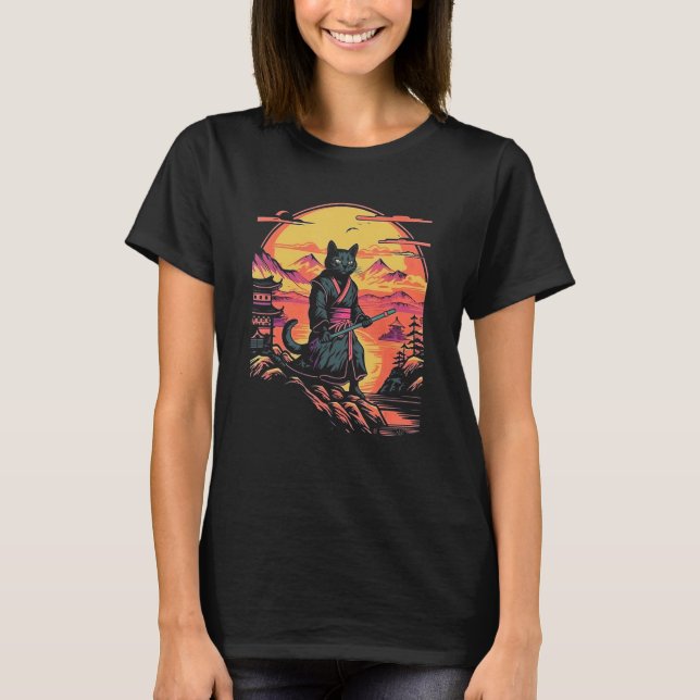 Samurai Cat Bushido Japanska Aesthetic Stil T Shirt (Framsida)