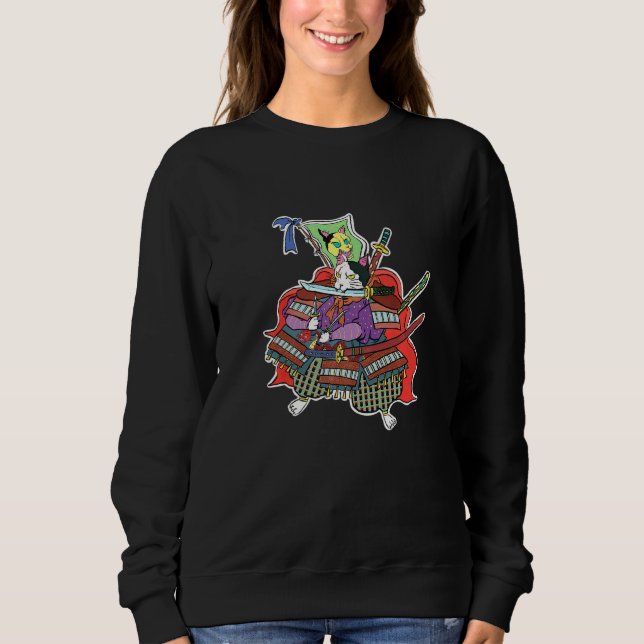 Samurai Cat Coola Traditional Japanska Stil T Shirt (Framsida)