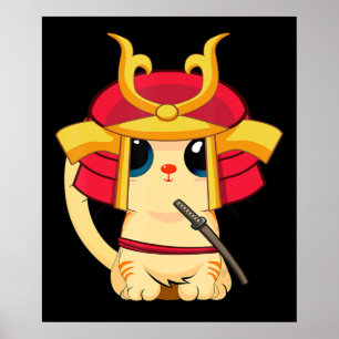 Samurai Cat Cute Jape Anime Cosplay Halloween Poster