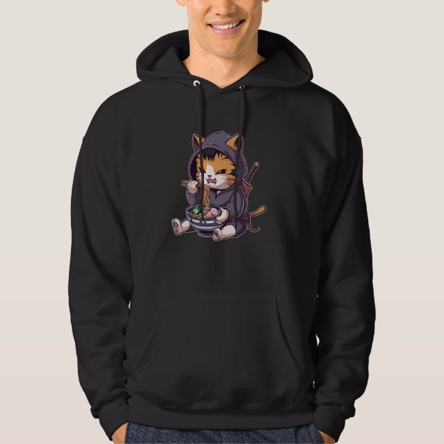 Samurai Cat Eating Ramen Kawaii Ninja Japanese Ani Hoodie (Framsida)