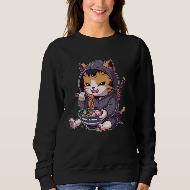 Samurai Cat Eating Ramen Kawaii Ninja Japanese Ani T Shirt (Framsida)