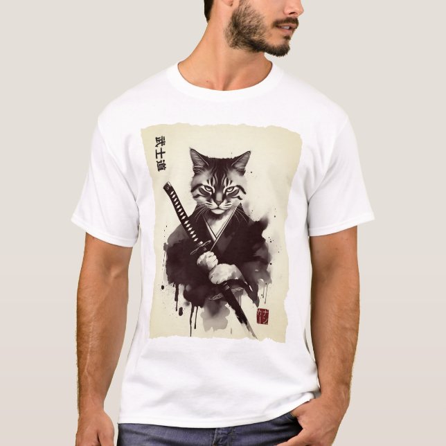Samurai Cat, Fierce Japanese Art  T Shirt (Framsida)