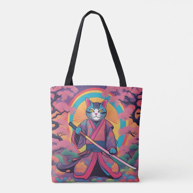 Samurai Cat Holding a Katana Design Tygkasse (Baksida)