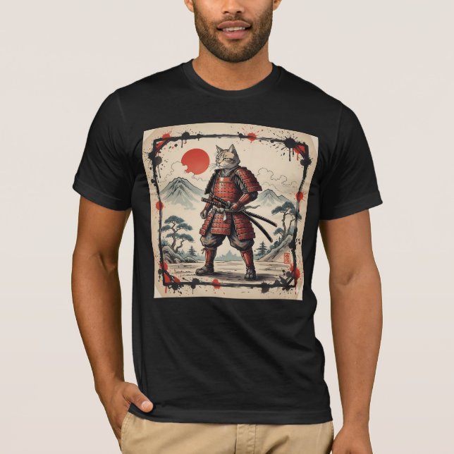 Samurai Cat Illustration T-Shirt | Japanese Sunset (Framsida)