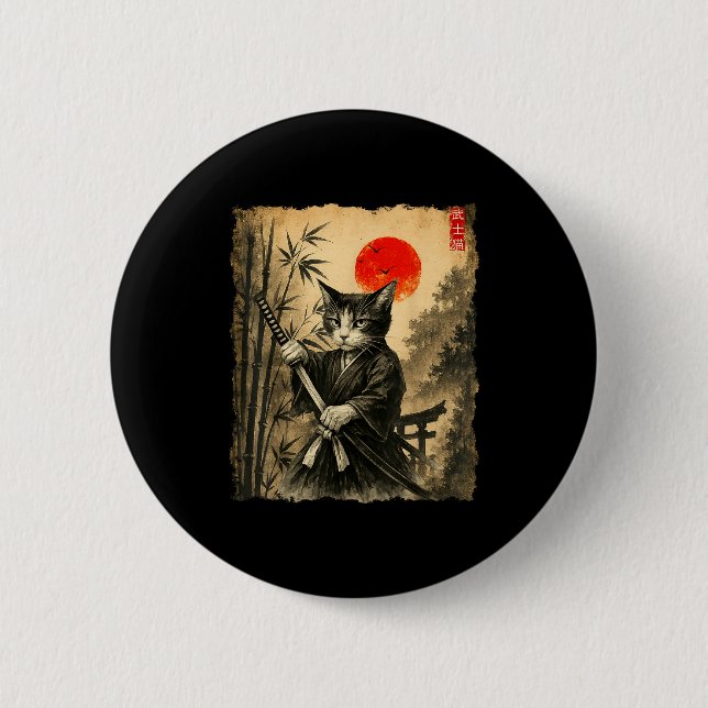 Samurai Cat Japanese Art Men Boys Funny Graphic Te Knapp (Framsida)