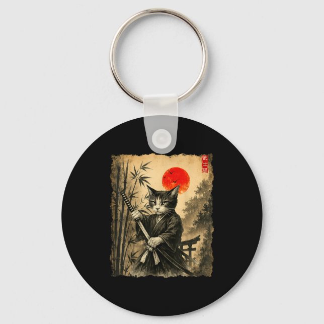 Samurai Cat Japanese Art Men Boys Funny Graphic Te Nyckelring (Framsida)
