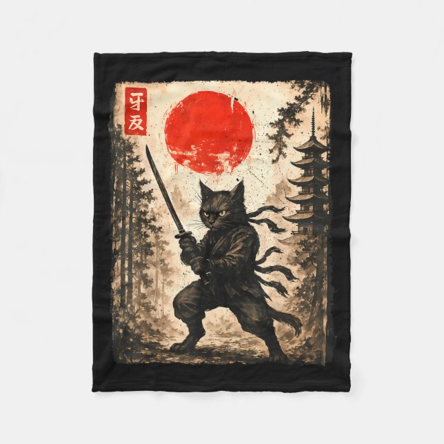 Samurai Cat Japanese Mens Boys Kids Graphic Anime  Fleecefilt (Framsidan)