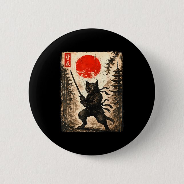 Samurai Cat Japanese Mens Boys Kids Graphic Anime  Knapp (Framsida)