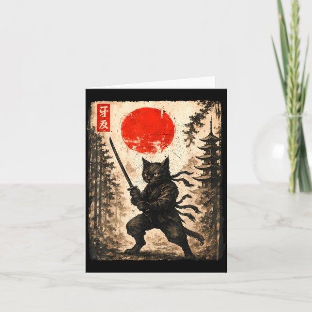 Samurai Cat Japanese Mens Boys Kids Graphic Anime  Kort (Framsida)
