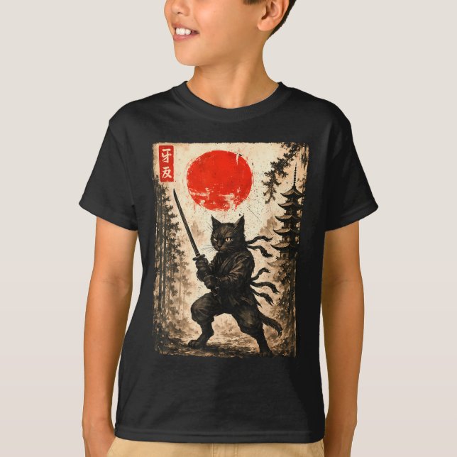 Samurai Cat Japanese Mens Boys Kids Graphic Anime  T Shirt (Framsida)