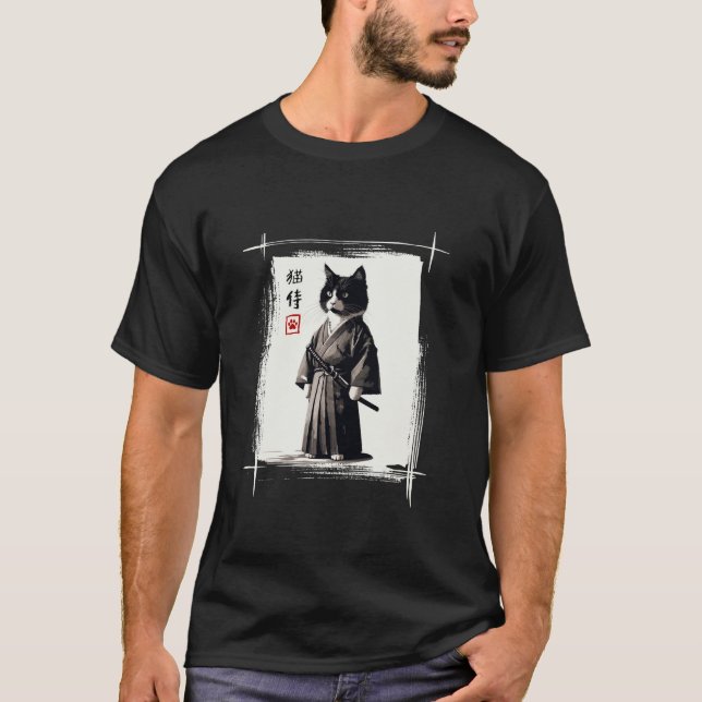 Samurai Cat Japansk Art Sumi e Novelty Kawaii Roli T Shirt (Framsida)