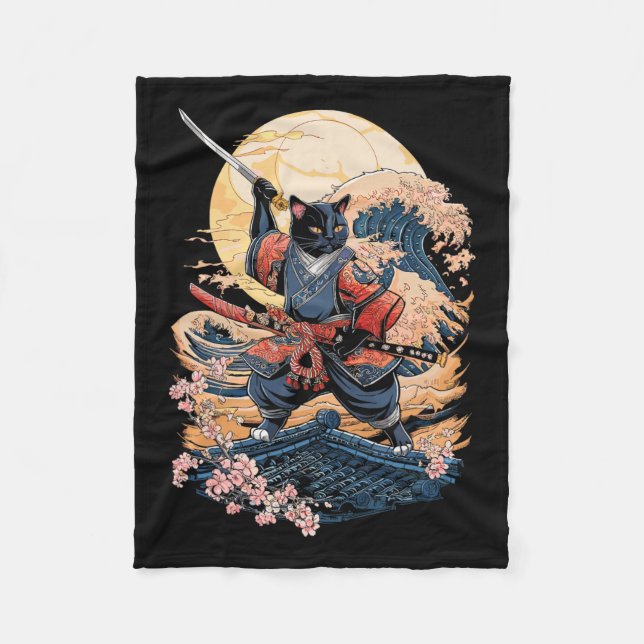 Samurai Cat japansk katt Anime Ninja Fleecefilt (Framsidan)
