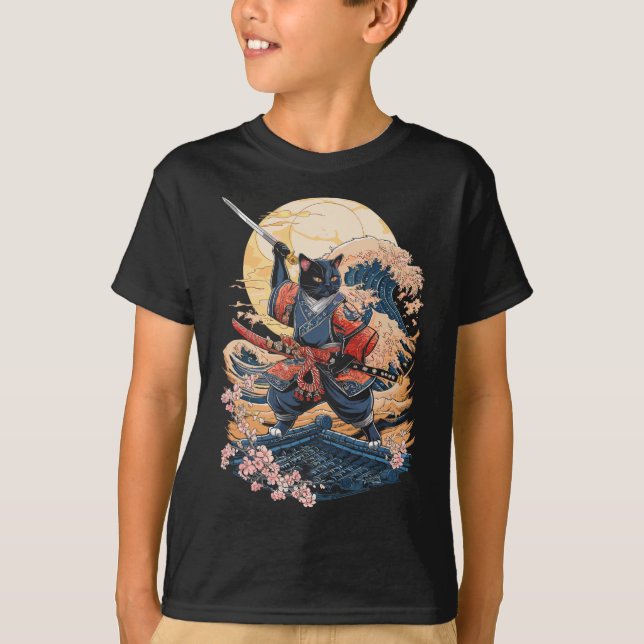 Samurai Cat japansk katt Anime Ninja T Shirt (Framsida)