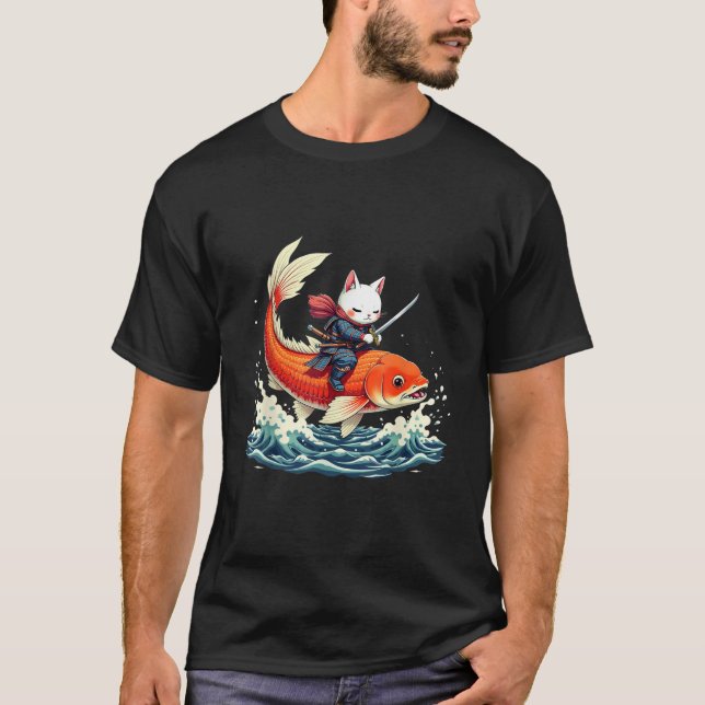 Samurai Cat Japansk koi Fish T Shirt (Framsida)