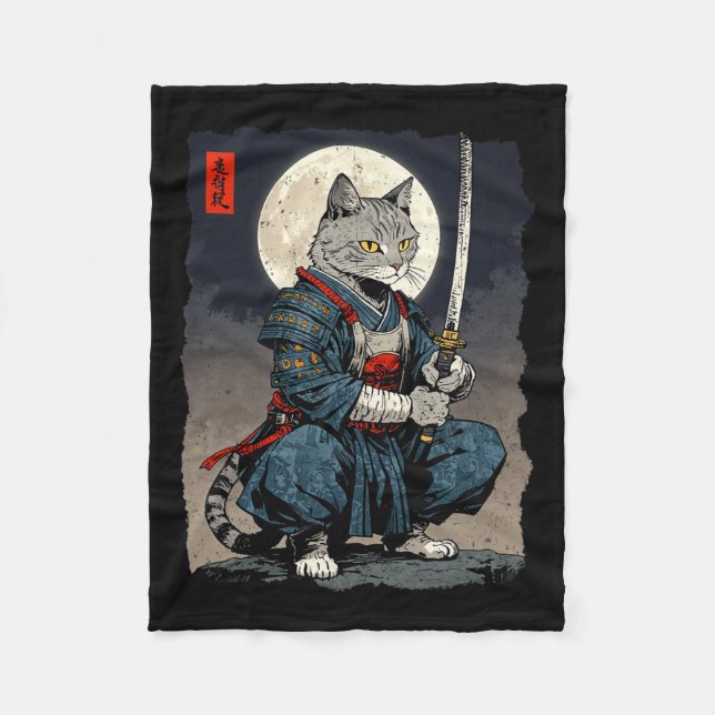 Samurai Cat Japansk Retro Fighter Cat Måne Ukiyo- Fleecefilt (Framsidan)