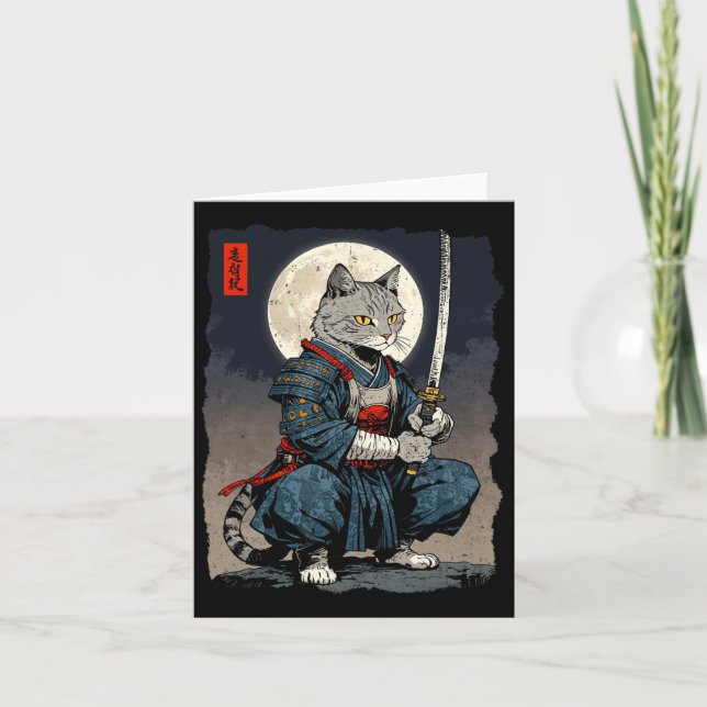Samurai Cat Japansk Retro Fighter Cat Måne Ukiyo- Kort (Framsida)