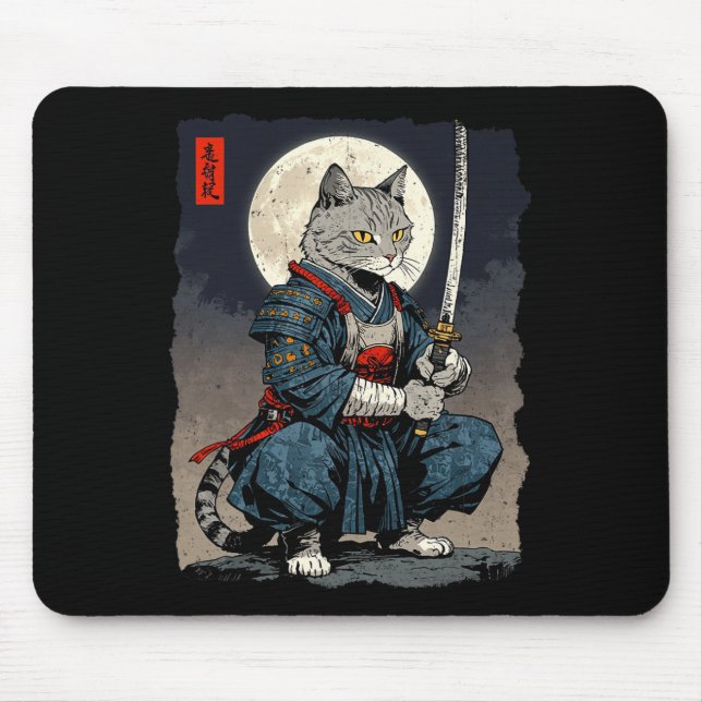 Samurai Cat Japansk Retro Fighter Cat Måne Ukiyo- Musmatta (Framsidan)