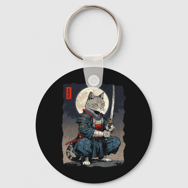 Samurai Cat Japansk Retro Fighter Cat Måne Ukiyo- Nyckelring (Framsida)