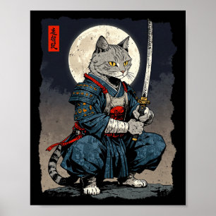 Samurai Cat Japansk Retro Fighter Cat Måne Ukiyo- Poster
