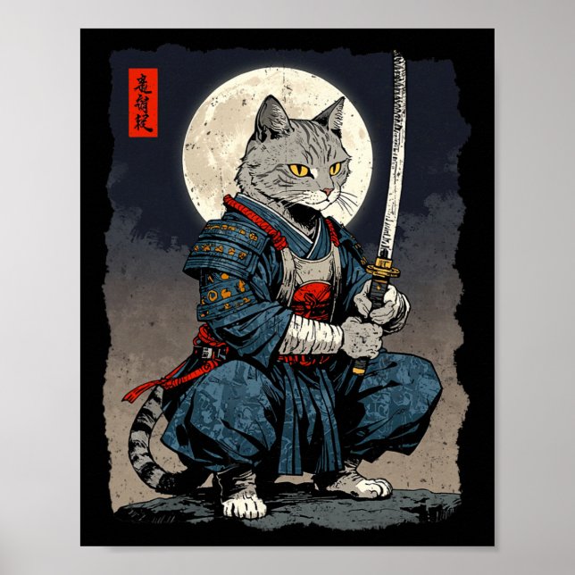 Samurai Cat Japansk Retro Fighter Cat Måne Ukiyo- Poster (Framsidan)