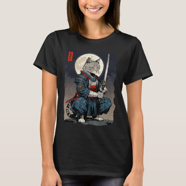 Samurai Cat Japansk Retro Fighter Cat Måne Ukiyo- T Shirt (Framsida)