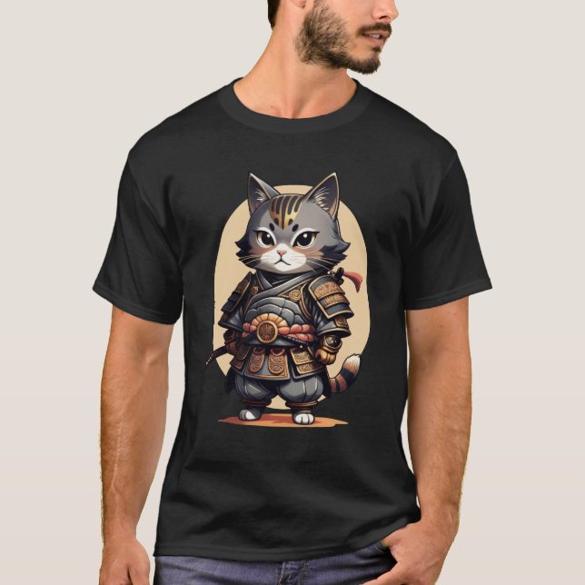 Samurai Cat Japansk Tecknad Cat Funny Cat Art T Shirt (Framsida)