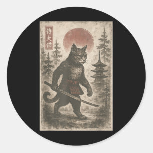 Samurai Cat Japansk Vintage Graphic Ukiyo-e Art F Runt Klistermärke