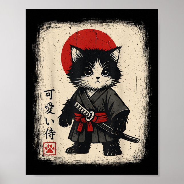 Samurai Cat Japansk Vintage Kawaii Funny Cats Poster (Framsidan)