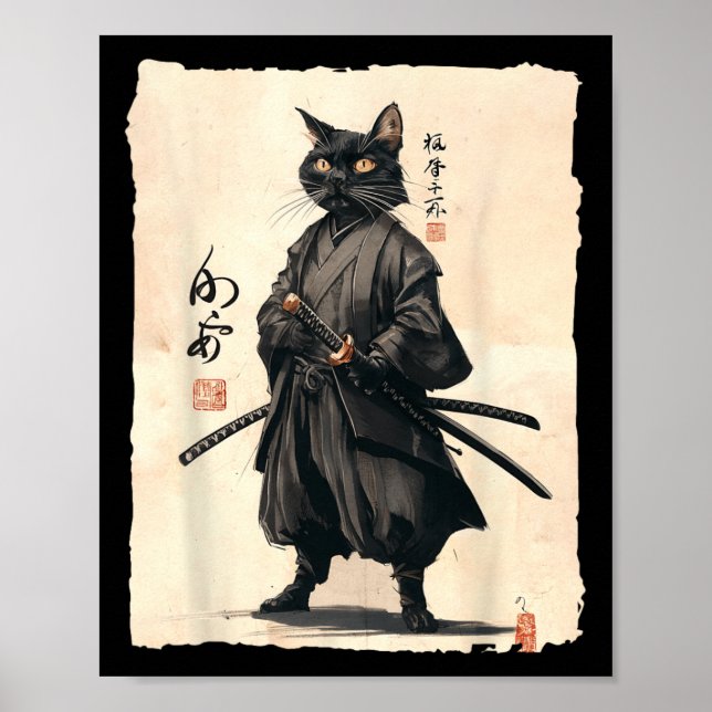 Samurai Cat Japanskt anime Cat Lover Lover Funny F Poster (Framsidan)