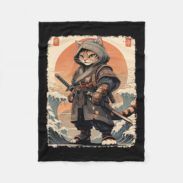 Samurai Cat Katana Fullt Gear Warrior Fighter Japa Fleecefilt (Framsidan)