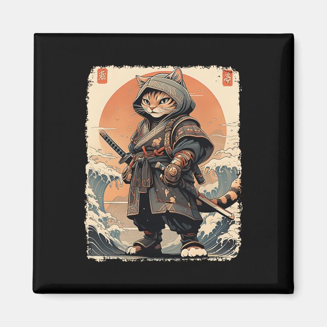 Samurai Cat Katana Fullt Gear Warrior Fighter Japa Magnet (Framsidan)