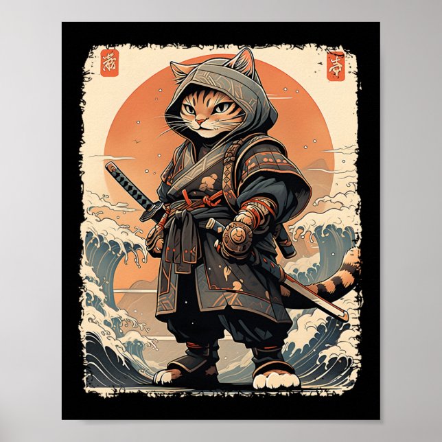 Samurai Cat Katana Fullt Gear Warrior Fighter Japa Poster (Framsidan)