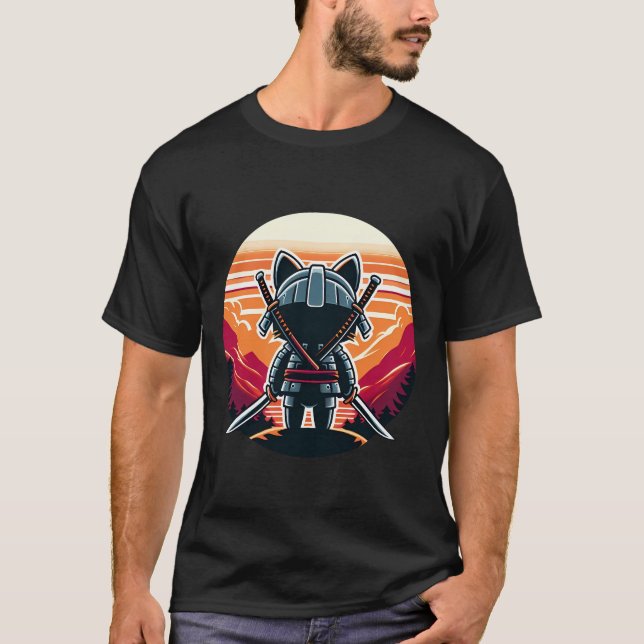 Samurai Cat Katanas Watching Sunset and Mountains T Shirt (Framsida)