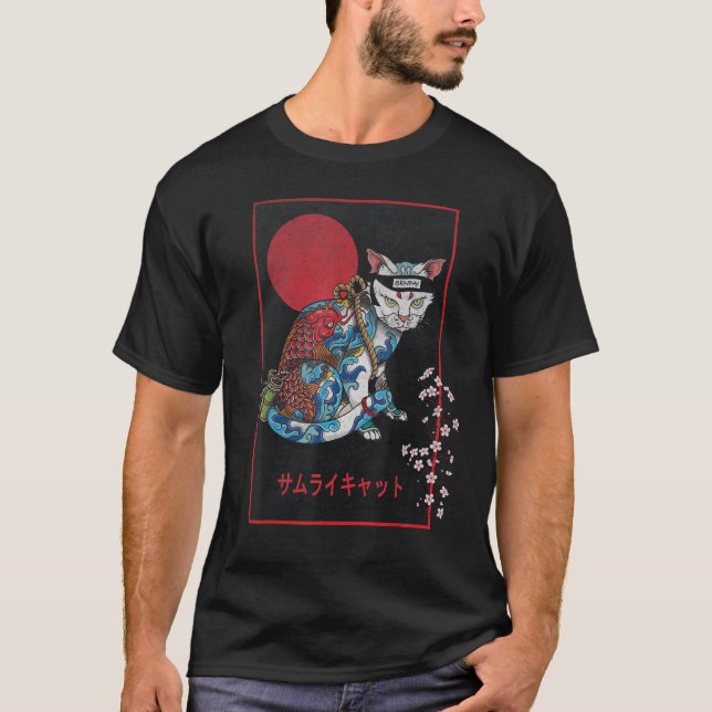 Samurai Cat Master Irezumi Ninja Japanska Koi Tatt T Shirt (Framsida)