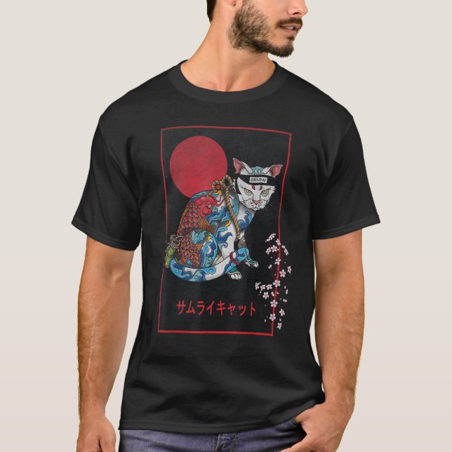 Samurai Cat Master Irezumi Ninja Japanska Koi Tatt T Shirt (Framsida)