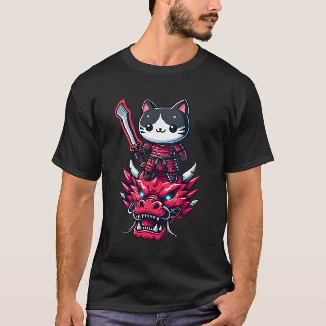 Samurai Cat med Sword på Dragon i Epic 3D-effekt T Shirt (Framsida)