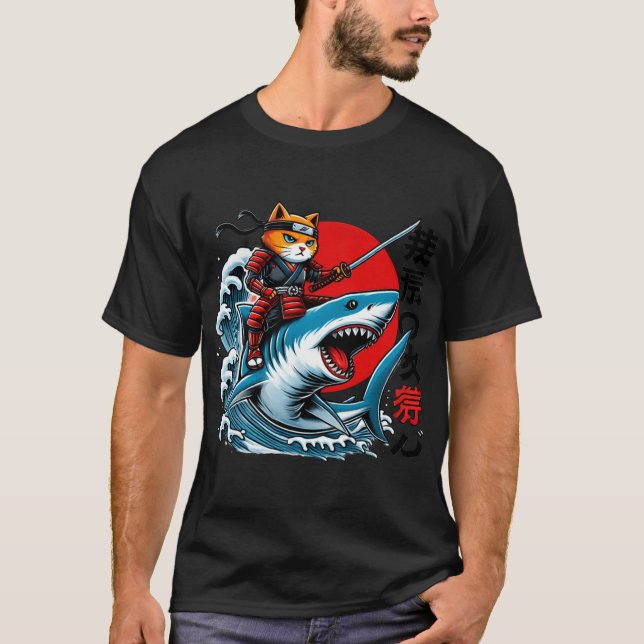 Samurai Cat Ninja Japanese Art Cat Shark Kanagawa  T Shirt (Framsida)