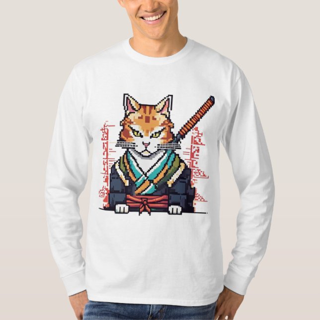 Samurai Cat Pixel Art-mästerverk T Shirt (Framsida)