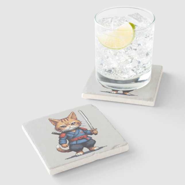 Samurai Cat Pixel Art Stenunderlägg (Sidan)