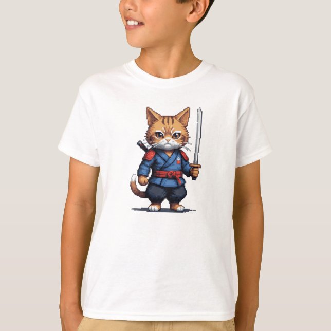 Samurai Cat Pixel Art T Shirt (Framsida)
