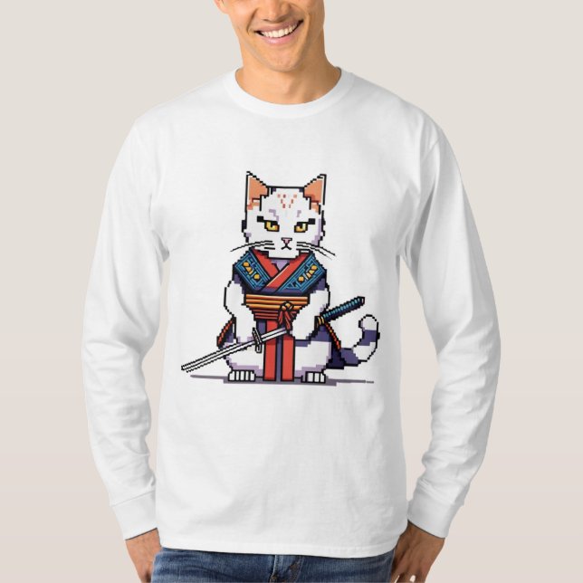 Samurai Cat Pixel Design T Shirt (Framsida)