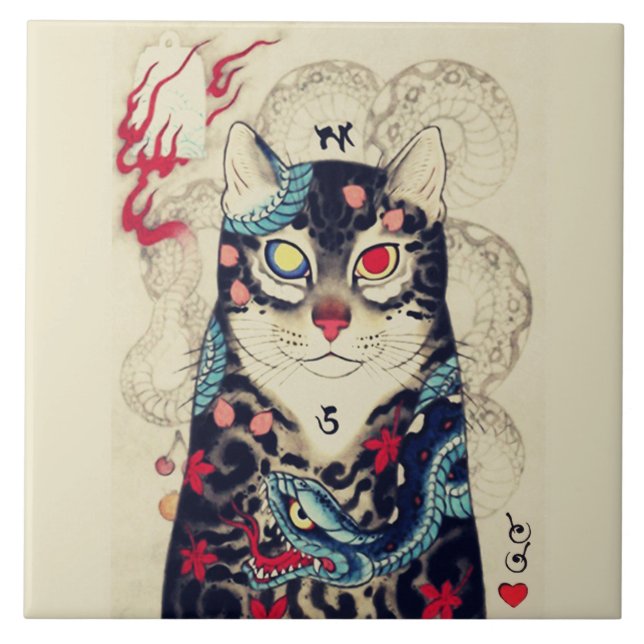 SAMURAI CAT PORTRÄTT MED SERPENT TATTOOS KAKELPLATTA (Framsidan)