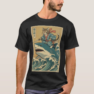 Samurai Cat Riding Shark Japansk Pullover T Shirt