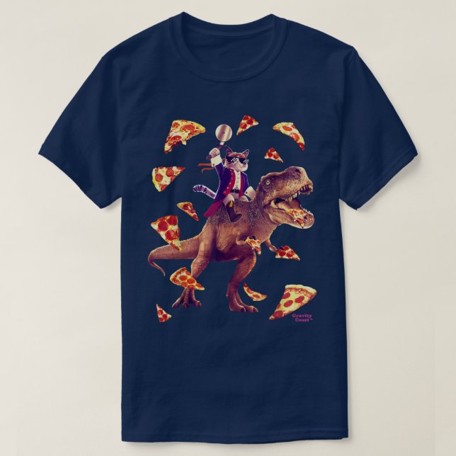 Samurai Cat Riding T Rex Eating Pizza Funny Dino F Shirt (Design framsida)