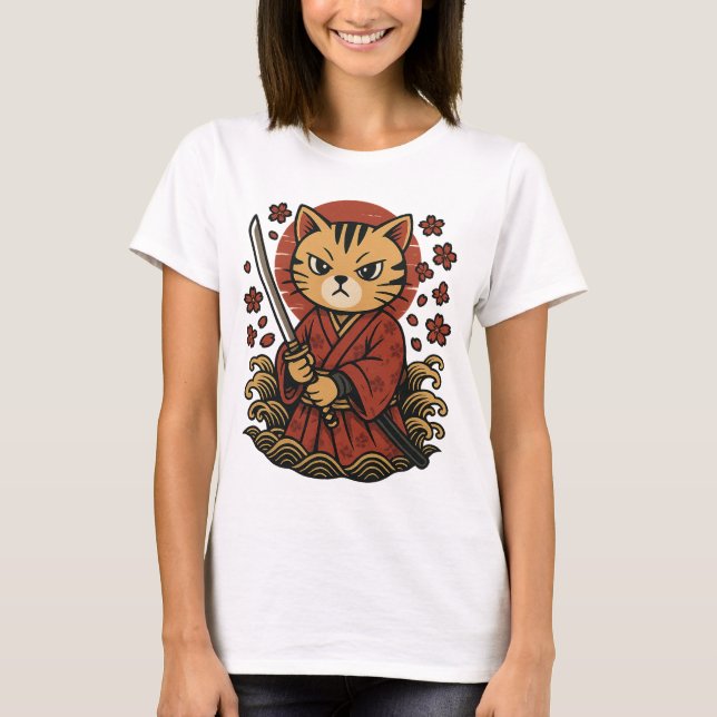 Samurai Cat T-Shirt | Japansk djurkatt (Framsida)