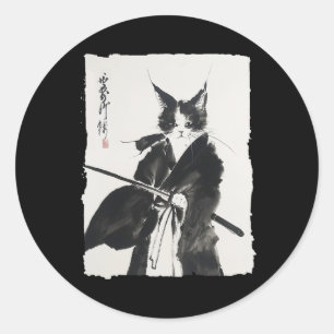 Samurai Cat Tee Vintage Ukiyo-e Warrior Art Graphi Runt Klistermärke