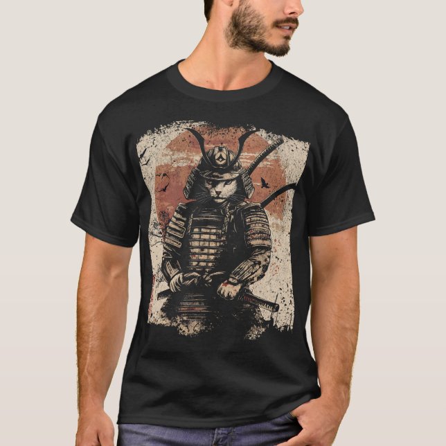 Samurai Cat Warrior Art Älskare T Shirt (Framsida)