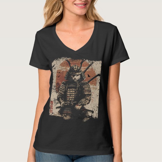 Samurai Cat Warrior Art Älskare T Shirt (Framsida)