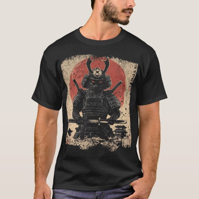 Samurai Cat Warrior Art Älskare T Shirt (Framsida)